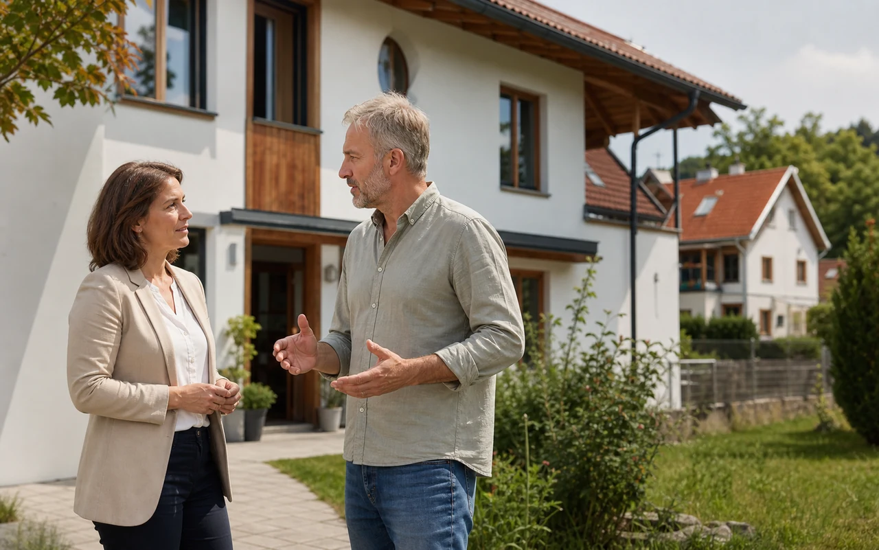 Symbolische Gesprächssituation vor einem bayerischen Wohnhaus.